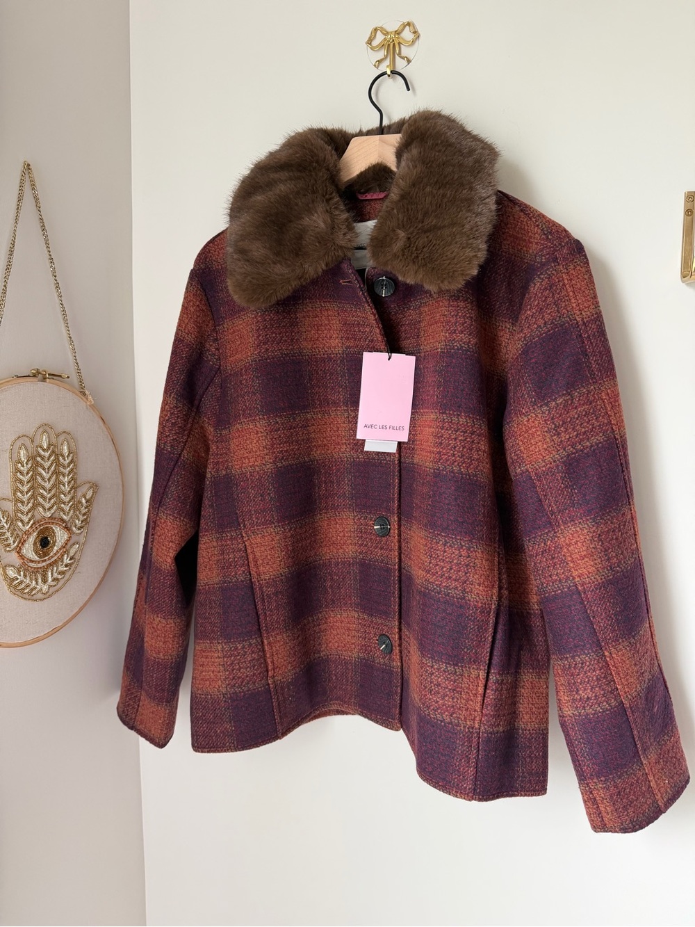 Avec Les Filles burgundy tan Plaid Coat with Faux Fur Collar